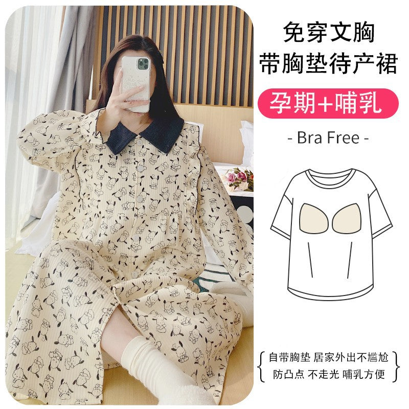 Lunar Clothing Spring and Autumn Air Cotton Thick Postpartum Breastfeeding dress Doll Collar Pregnant Women Pajamas for Outer Wear