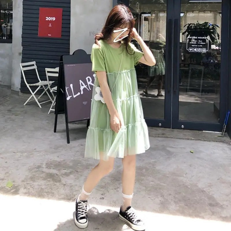 Maternity Summer 2023 New Korean Style Loose Fresh Sweet Stitching Short Sleeve Cake Fairy Dress
