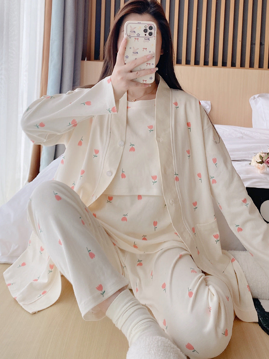 Spring and Autumn Cotton Short Sleeve Suit with Chest Pad Three-Piece Breastfeeding Pajamas Summer Pregnant Women Feeding