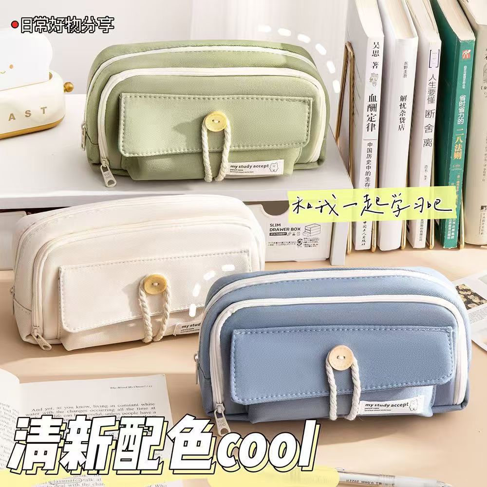 Button Pencil Bag with Good Looks for Girls, Large Capacity, Simple Ins Student Creative Canvas Stationery Bag, Pencil Stationery Box