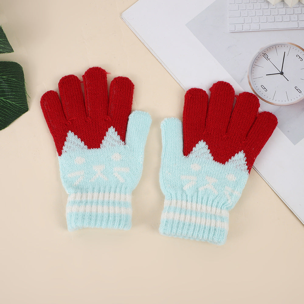 Winter Kidsren's Gloves Are Warm and Velvet to Prevent Cold. Primary School Students Write Boys and Girls Baby Sets Jacquard Gloves Kittens