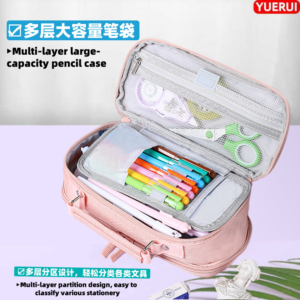 Yuerui Large-Capacity Canvas Multi-Layer Pencil Bag Portable Simple Student Multi-Functional Pencil Bag Satchel Stationery Box