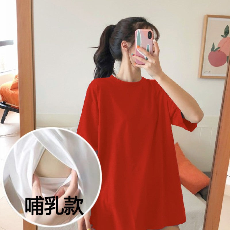Maternity Breastfeeding T-shirt Summer Short-sleeved Mid-length 2023 New Loose plus size Breastfeeding Moon Dress