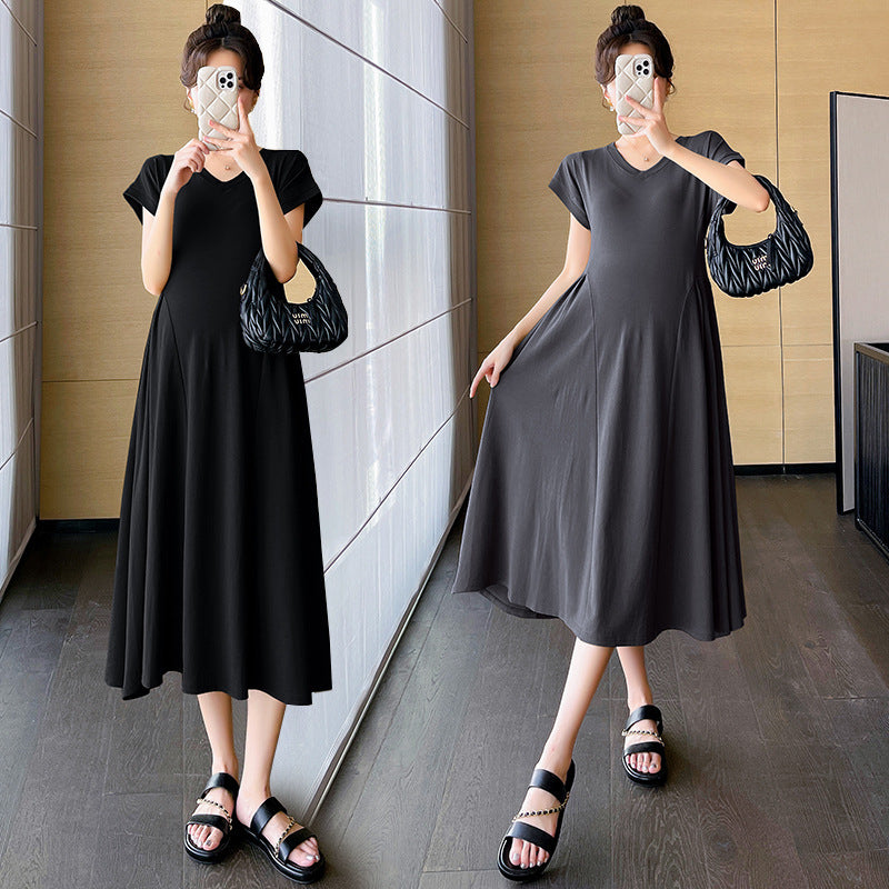 dress Maternity Summer Women's Online Celebrity V-neck Fashionable Temperament Girdle Slimming Belly Covering A- line dress Maternity
