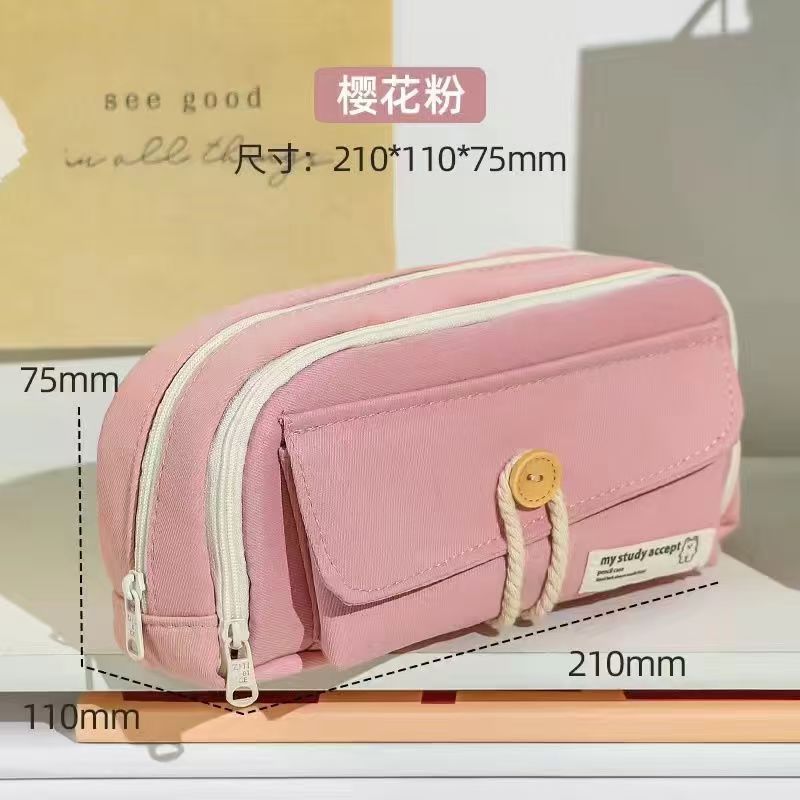 Button Pencil Bag with Good Looks for Girls, Large Capacity, Simple Ins Student Creative Canvas Stationery Bag, Pencil Stationery Box