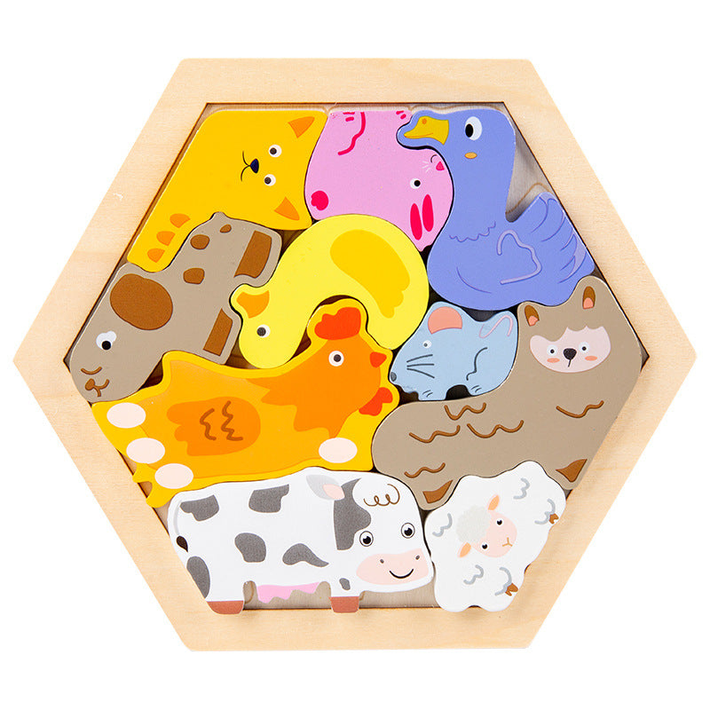 Cross-Border Children's Wooden Three-Dimensional Hexagonal Puzzle Animal Transportation Puzzle Building Blocks Early Education Educational Toys