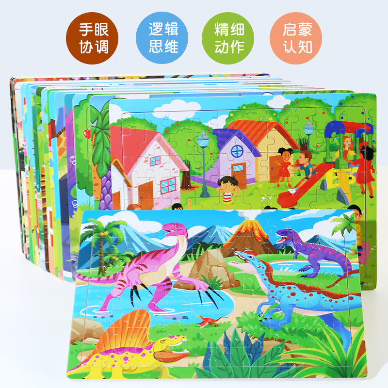 Wooden 80 Pieces Puzzle Toddler Cartoon Dinosaur Animal Plane Puzzle Baby Early Education and Intelligence Building Blocks Toy