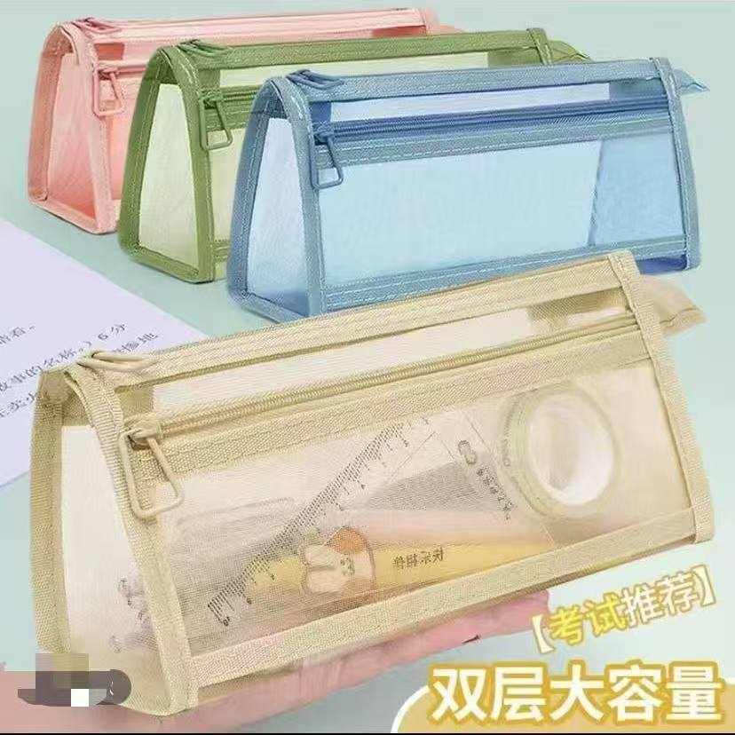 Transparent Mesh Triangular Pencil Bag Double-Layer Large-Capacity Stationery Bag Student Examination Pencil Bag Three-Dimensional Stationery Box Customization