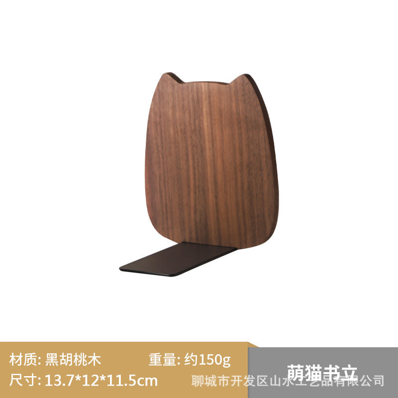 Japanese Style Simple Wooden Book Stand Creative Black Walnut Wood Thickened Bookshelf Bookend Student's Solid Wood Bookend Logo