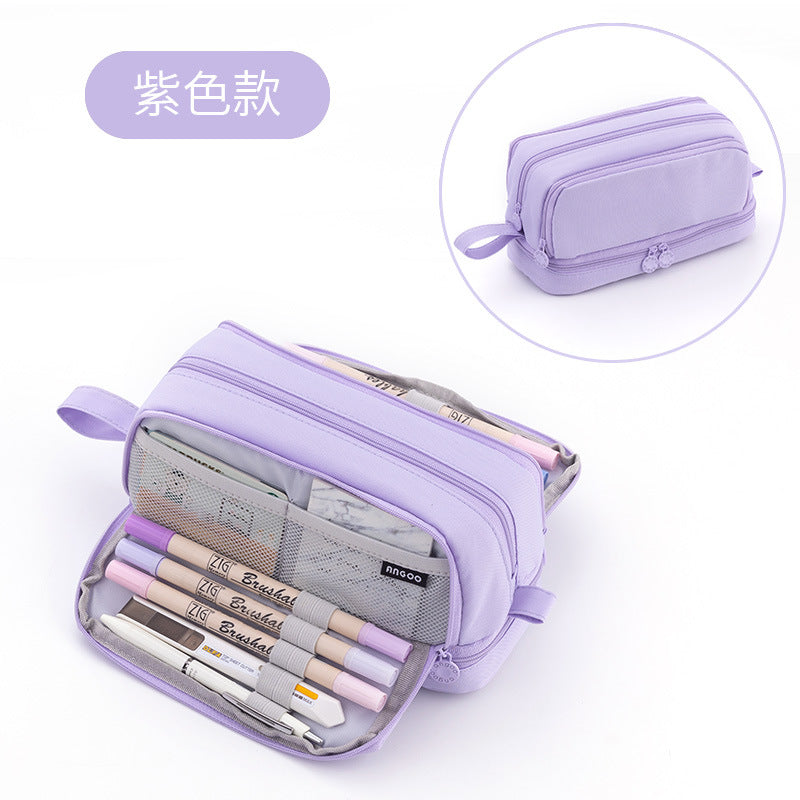 Han Feng Japanese Style New Large Capacity Pencil Case Double Layer Solid Color Multifunctional Pencil Case for Men and Women Middle School Students Pencil Bag