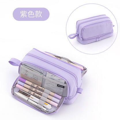 Han Feng Japanese Style New Large Capacity Pencil Case Double Layer Solid Color Multifunctional Pencil Case for Men and Women Middle School Students Pencil Bag