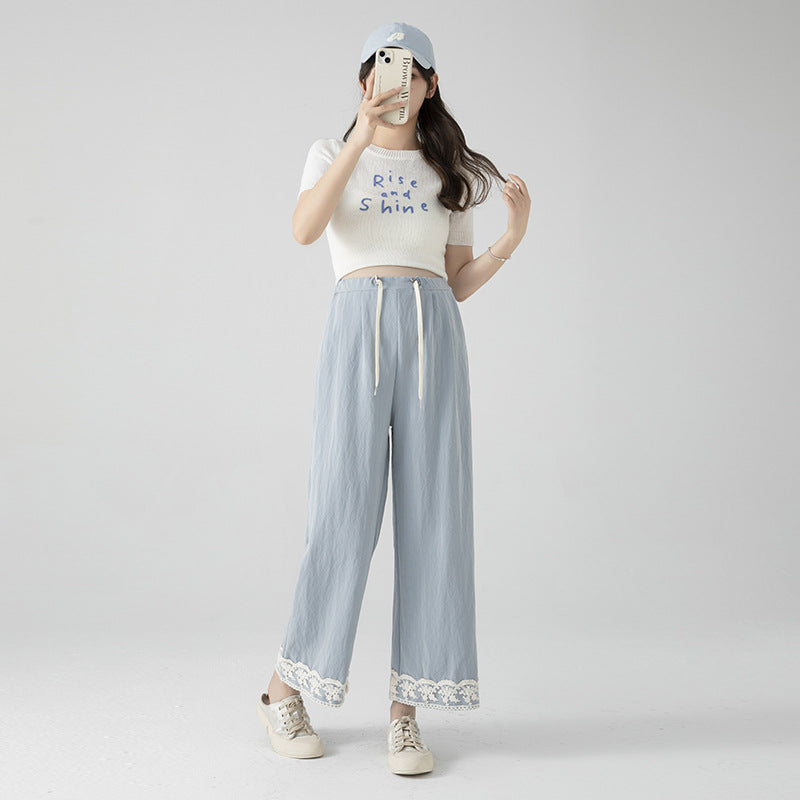2025 Pregnant Women's Imitation Denim Tencel Lace Casual Dipper High-grade Nine-point Wide-leg Pants