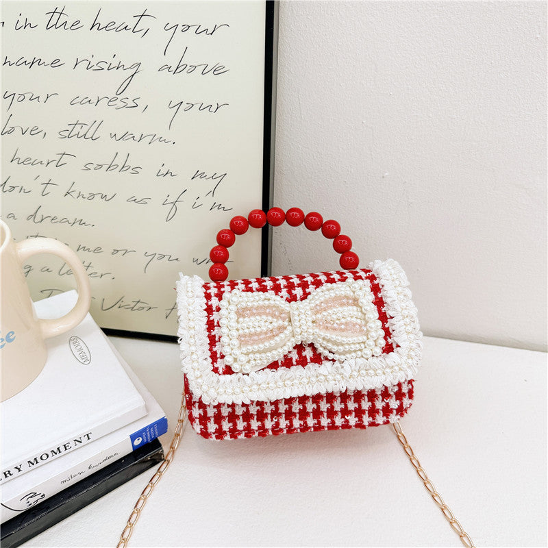 Children's New Year Red Envelope Korean Style Bow Pearl Small Square Bag Princess Shoulder Crossbody Mini Change Accessories Small Bag