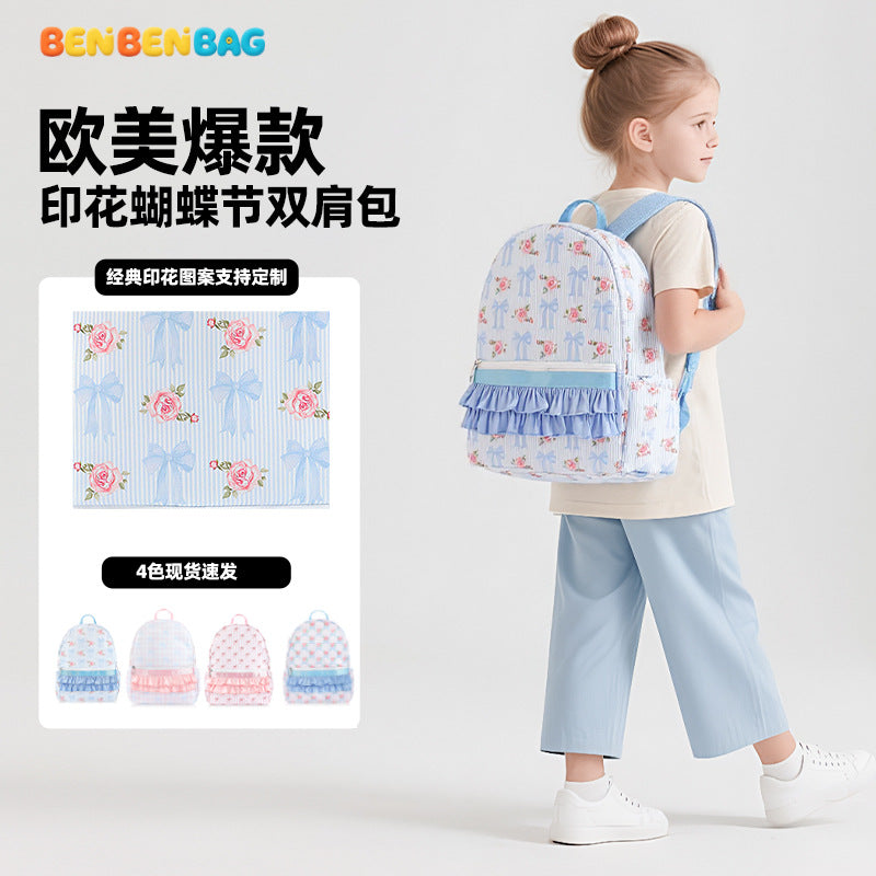 Cross-Border Cute Bow Floral Backpack Cute Pink Ruffle Decoration Large Capacity Portable Student Backpack