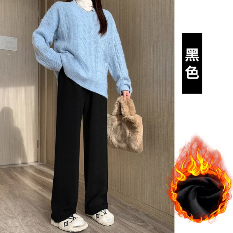 Maternity clothes 2024 autumn and winter New Korean style fashionable cashmere stripe fleece-lined thickened belly support wide-leg pants for pregnant women