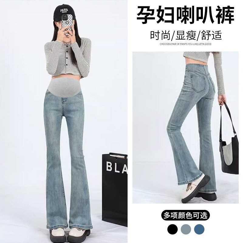 High Stretch Pregnant Women's Micro-flared Pants Spring and Autumn Pregnant Women's Jeans Slim-fit Slimming Pregnant Women's Belly-supporting Pants