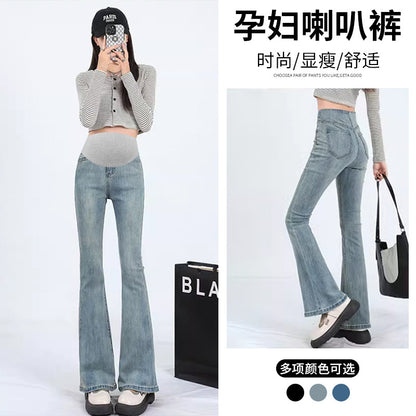 High Stretch Pregnant Women's Micro-flared Pants Spring and Autumn Pregnant Women's Jeans Slim-fit Slimming Pregnant Women's Belly-supporting Pants