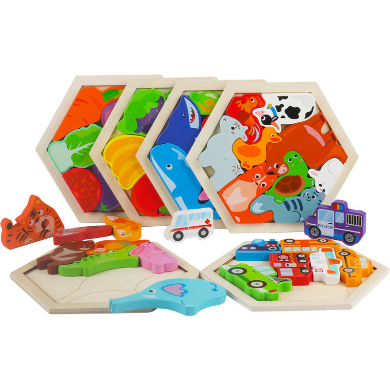Cross-Border Children's Wooden Three-Dimensional Hexagonal Puzzle Animal Transportation Puzzle Building Blocks Early Education Educational Toys