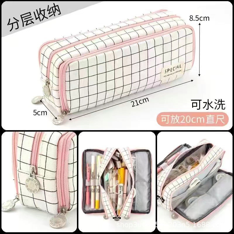 Japanese and Korean Double-Layer Pencil Case for Elementary, Middle, and High School Students, Cross-Border Oxford Cloth Multifunctional Creative Stationery Pencil Case a