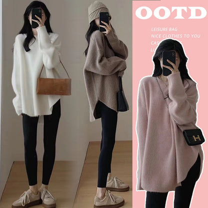 2025 Maternity Sweater Long-Sleeved Top, Lazy Style Loose Round Neck Autumn and Winter New Style Side Slit Loose Top