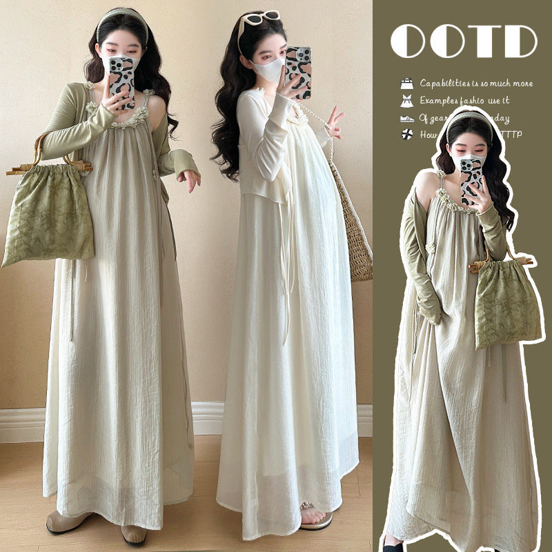 Maternity summer dress 2025 new pregnant mother wear plus size suspenders skirt suit fashion fashion