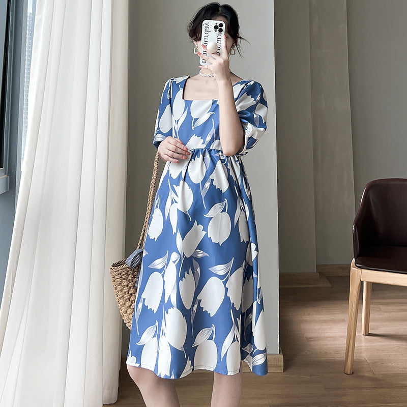 Pregnant Women's Summer Fashion Short Sleeve Square Collar Printed dress Loose plus size Skirt Summer Internet Popular Pregnant Women's Skirt Summer