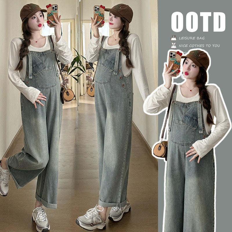 Pregnant women spring 2025 spring new Korean casual pregnant women Denim suspenders modal T suit two-piece set