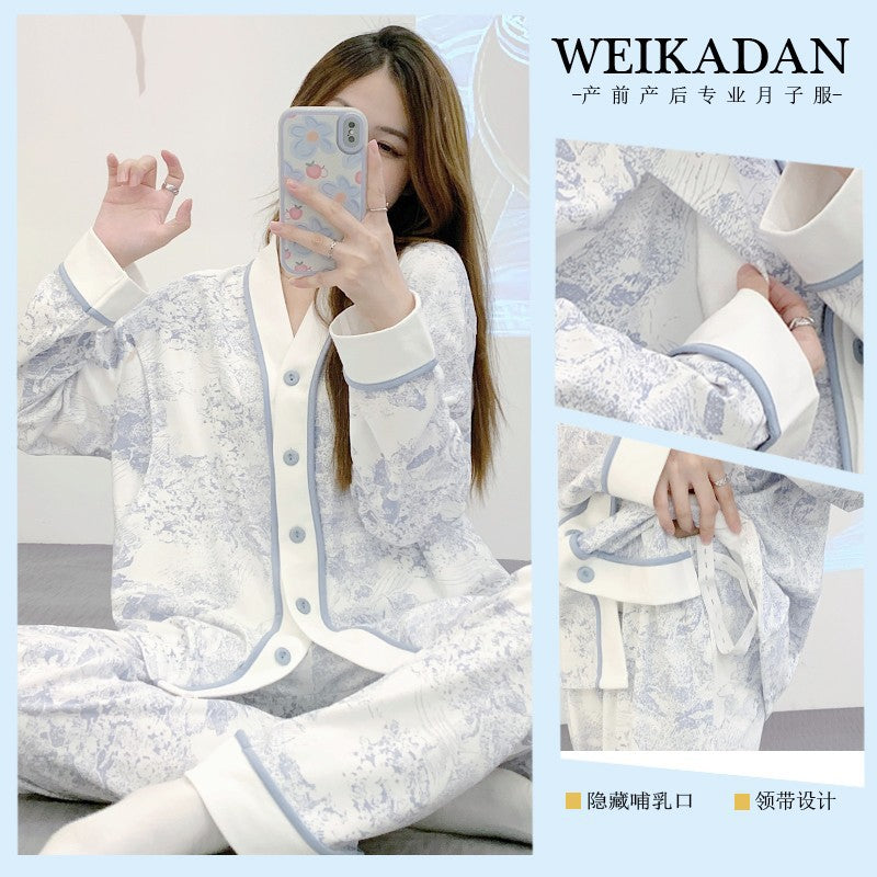 Lunar Clothing Spring and Autumn Cotton Postpartum Lactation Adjustable Delivery Room Pregnant Women Pajamas Loose Maternal Feeding Wear