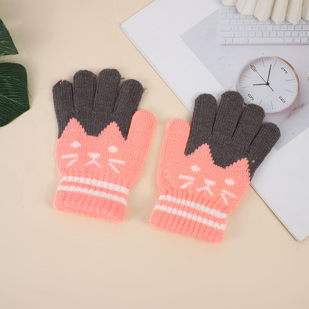 Winter Kidsren's Gloves Are Warm and Velvet to Prevent Cold. Primary School Students Write Boys and Girls Baby Sets Jacquard Gloves Kittens