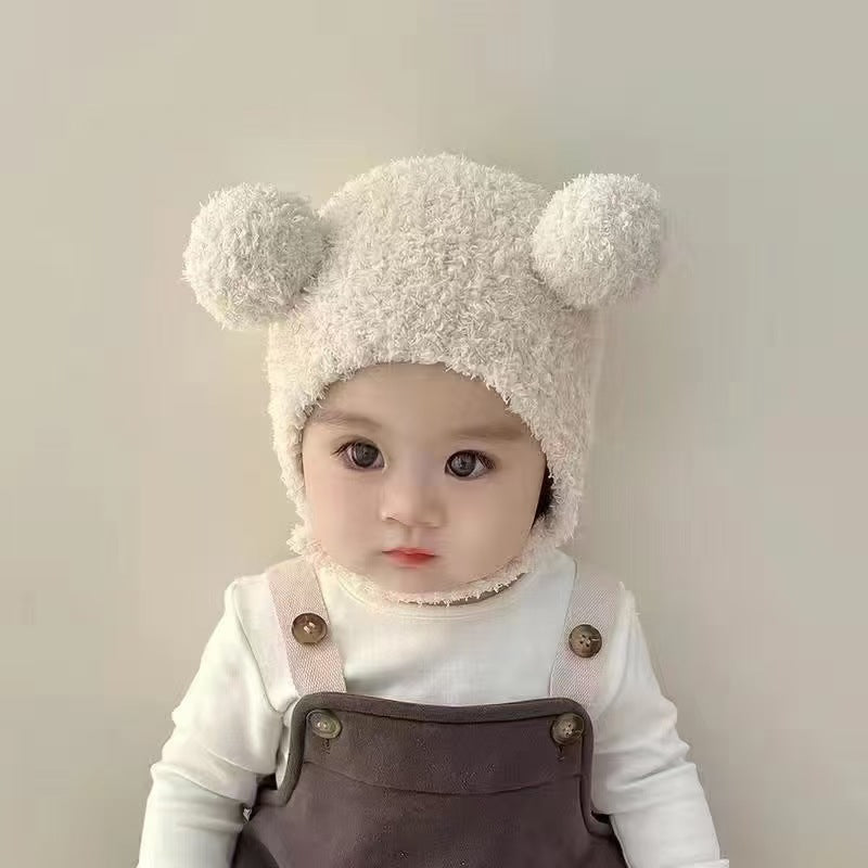Korean Style Ins Autumn and Winter New Baby Ear Protection Cap Warm Cold-proof Cap Comfortable Baby Double Ball Soft Waxy Baotou Cap Trendy