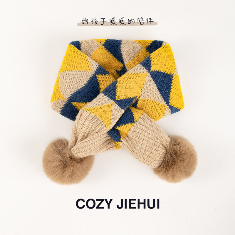 Plaid Retro Kidsren's Scarf Knitted Fur Ball Cross Scarf Autumn and Winter Warm and Cute Soft Windproof Scarf for Boys and Girls