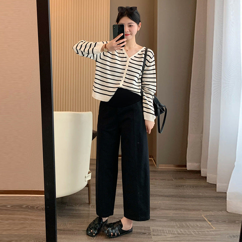 in stock Early Autumn New 2024 Pregnant Women's High Waist Slimming Casual Pants Women's Design Sense Pear-Shaped Figure Nine-point Haren Pants