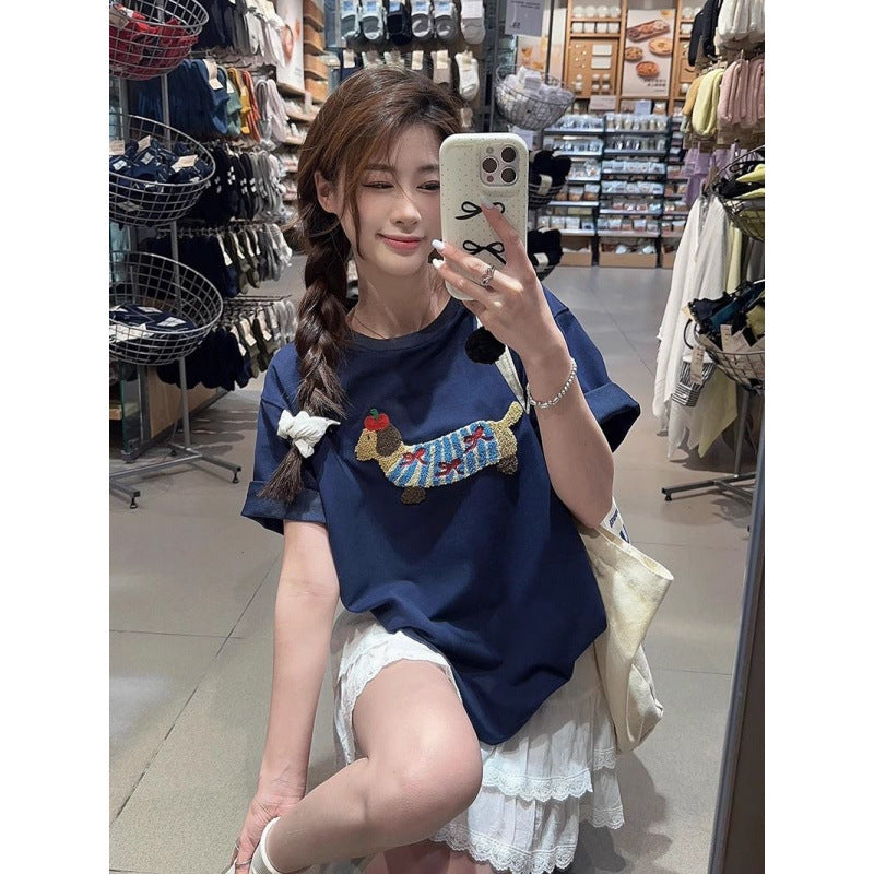 Summer Nursing Clothes Without Zippers for Going Out, Hot Mom Style Pure Cotton Thin Summer Towel Embroidered Puppy Feeding Tops