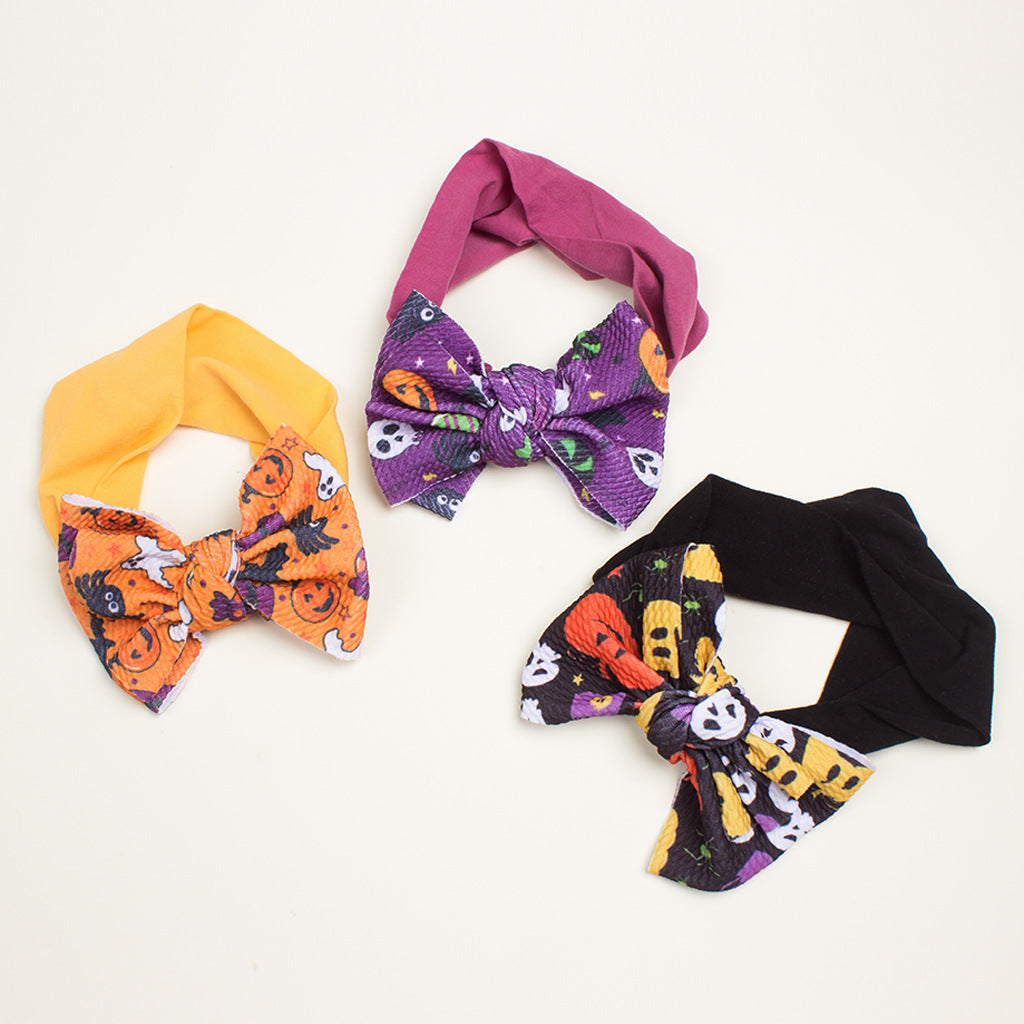 European and American New Halloween Children's Hair Band Pumpkin Head Printed Bow Baby Hair Accessories Baby Headscarf