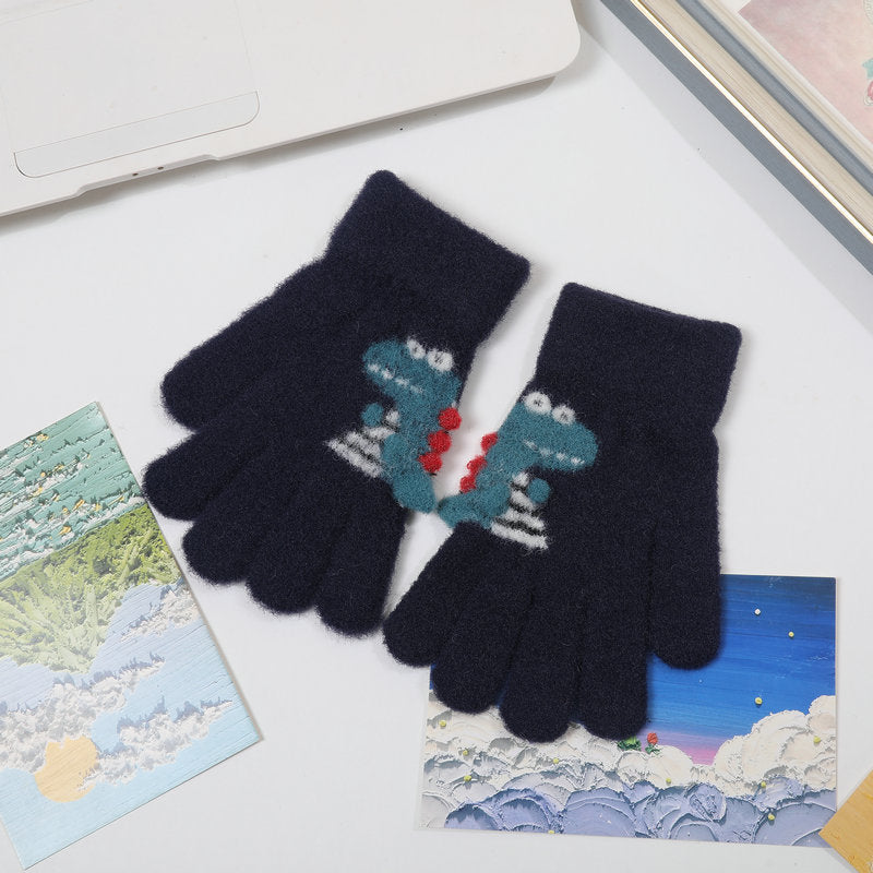 Winter Children's Gloves Cute Student Cartoon Little Dinosaur Warm Gloves Five-Finger Knitted Gloves for Baby Boys and Girls