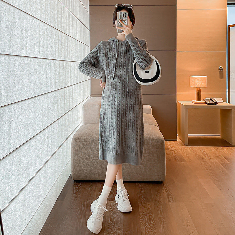 2023 Autumn/Winter New Maternity Versatile Dress Slimming Ribbed Sweater Dress Thick