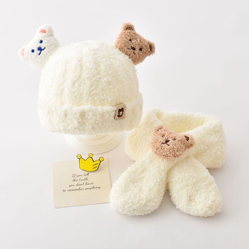 Autumn and winter children's plush bear hat scarf two-piece fleece-lined warm scarf cute plush hat baby