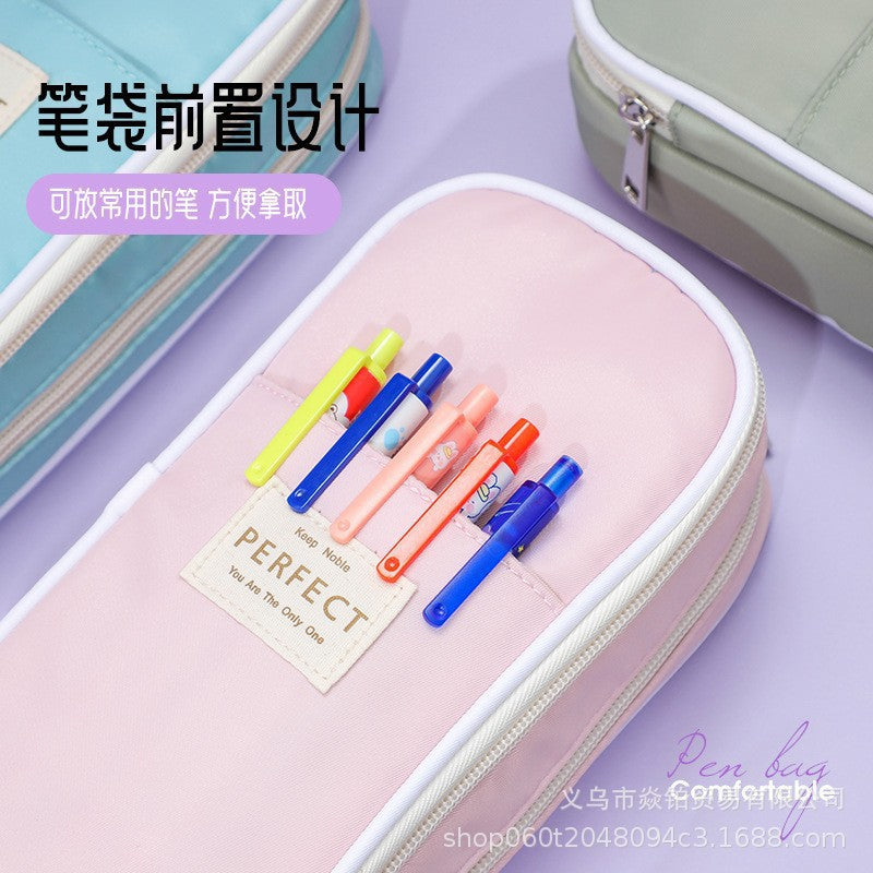 Solid Color Large-Capacity Pencil Bag for Men and Women Multi-Layer Junior High School and High School Simple Primary School Pencil Bag Stationery Box High-Value Wholesale