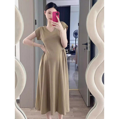 Maternity dress Summer Wear Slimming Elegant V-neck Skirt Summer 2025 New Short-sleeved Long Skirt