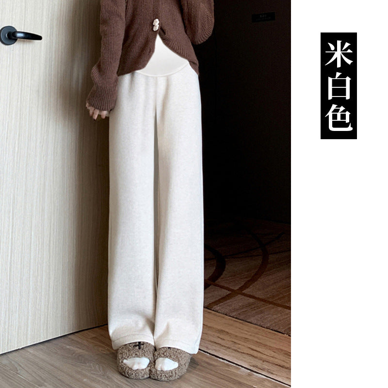 Pregnant women's cashmere striped new wide-leg pants chenille autumn and winter drape fleece-lined straight mop pants trousers