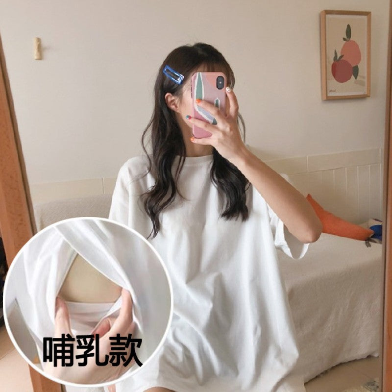 Maternity Breastfeeding T-shirt Summer Short-sleeved Mid-length 2023 New Loose plus size Breastfeeding Moon Dress