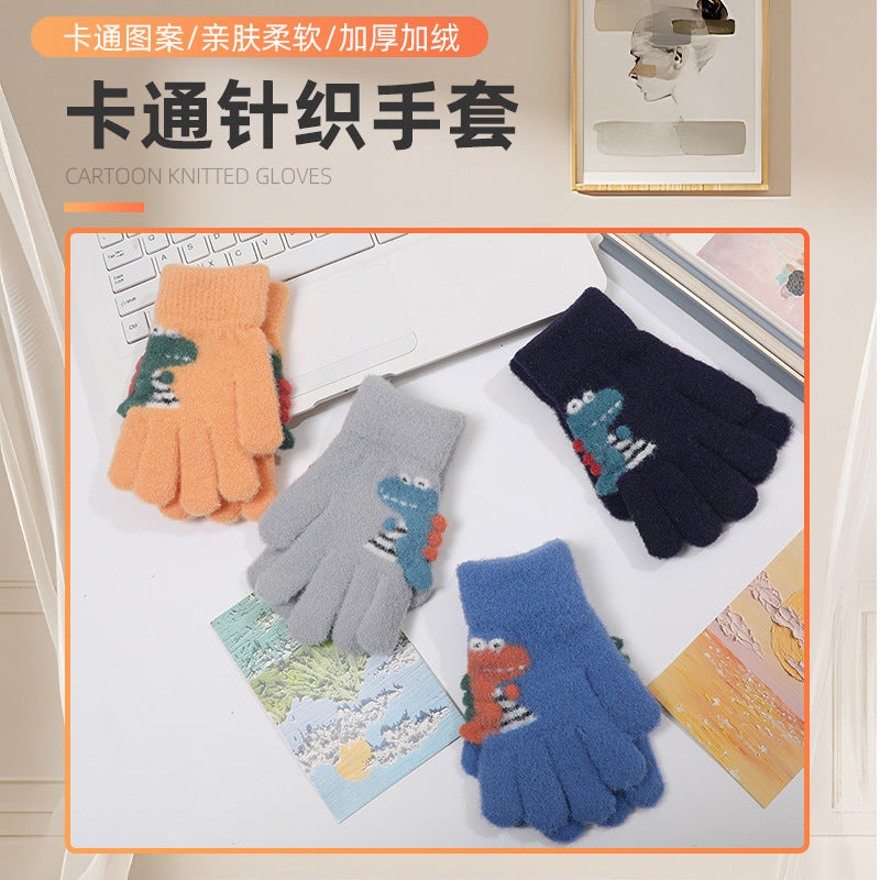 Winter Children's Gloves Cute Student Cartoon Little Dinosaur Warm Gloves Five-Finger Knitted Gloves for Baby Boys and Girls