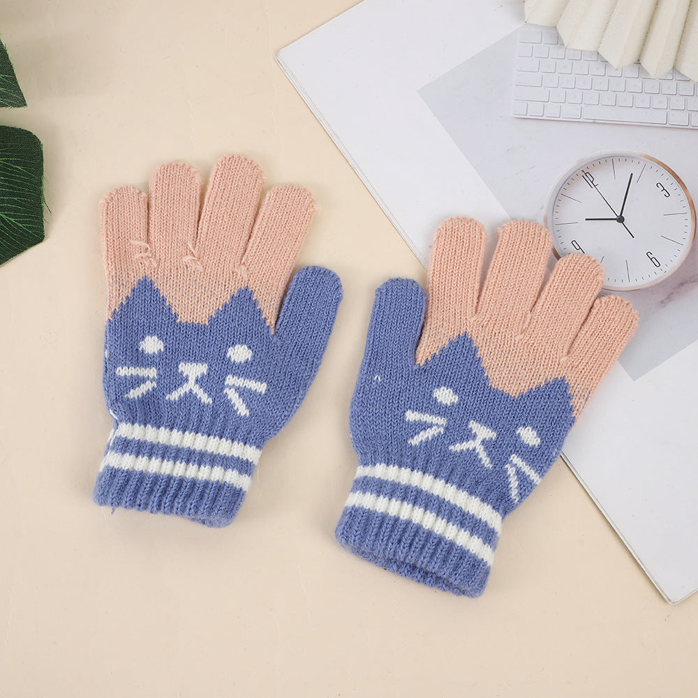 Winter Kidsren's Gloves Are Warm and Velvet to Prevent Cold. Primary School Students Write Boys and Girls Baby Sets Jacquard Gloves Kittens