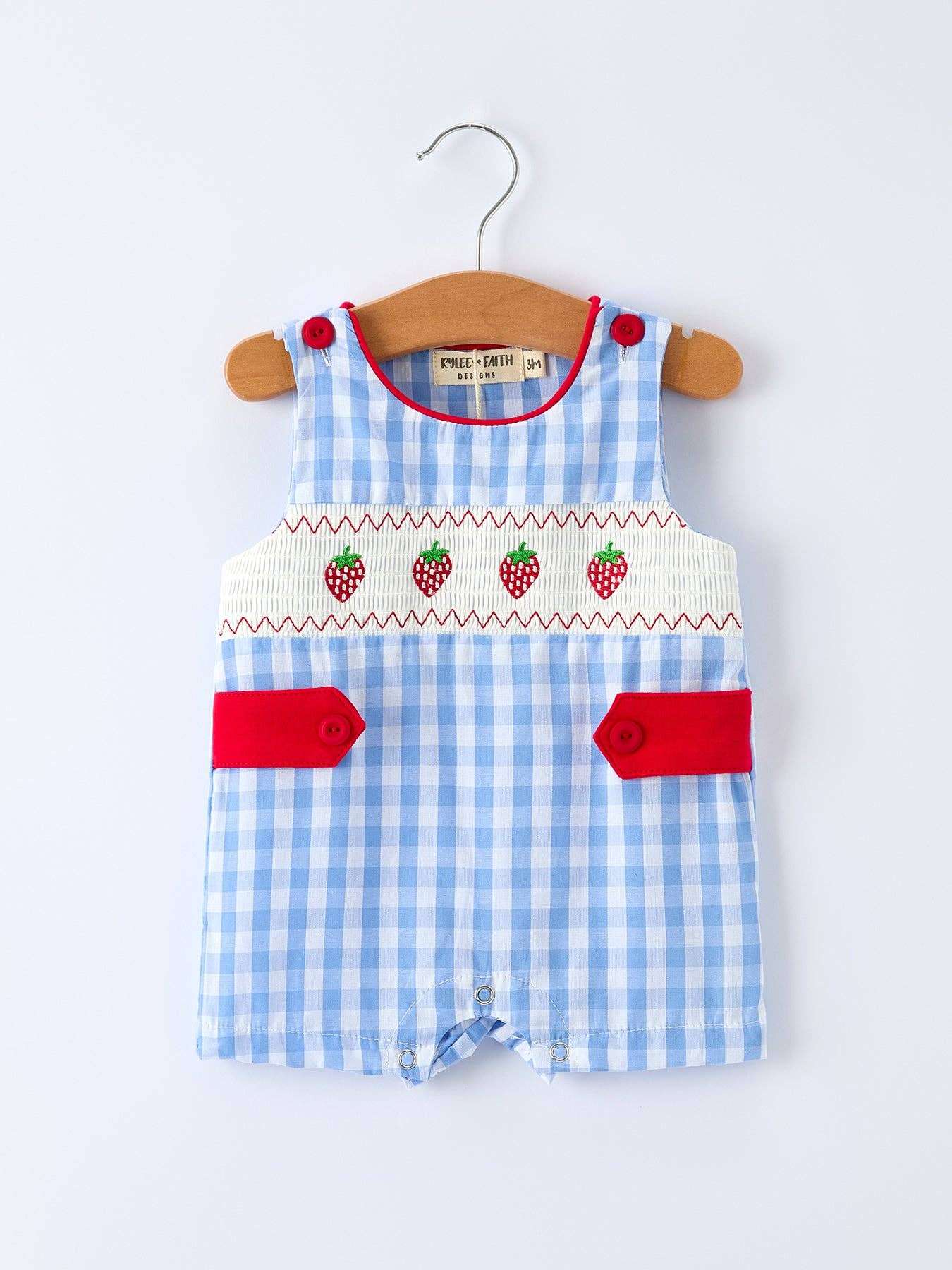 Rylee Faith Designs - Baby Boys Summer Strawberry Embroidered Smocked Romper