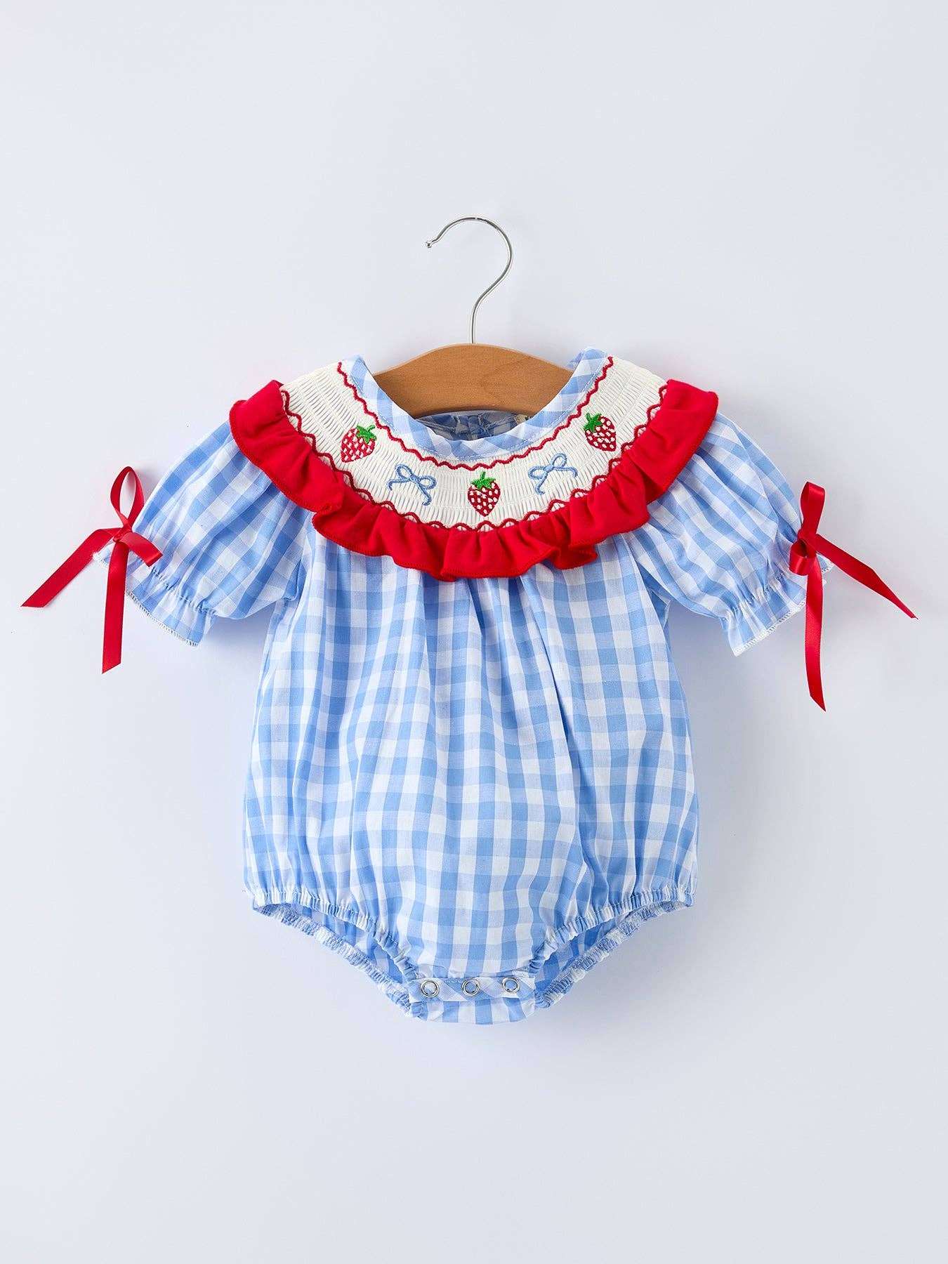 Rylee Faith Designs - Baby Girls Summer Strawberry Bow Embroidered Smocked Romper