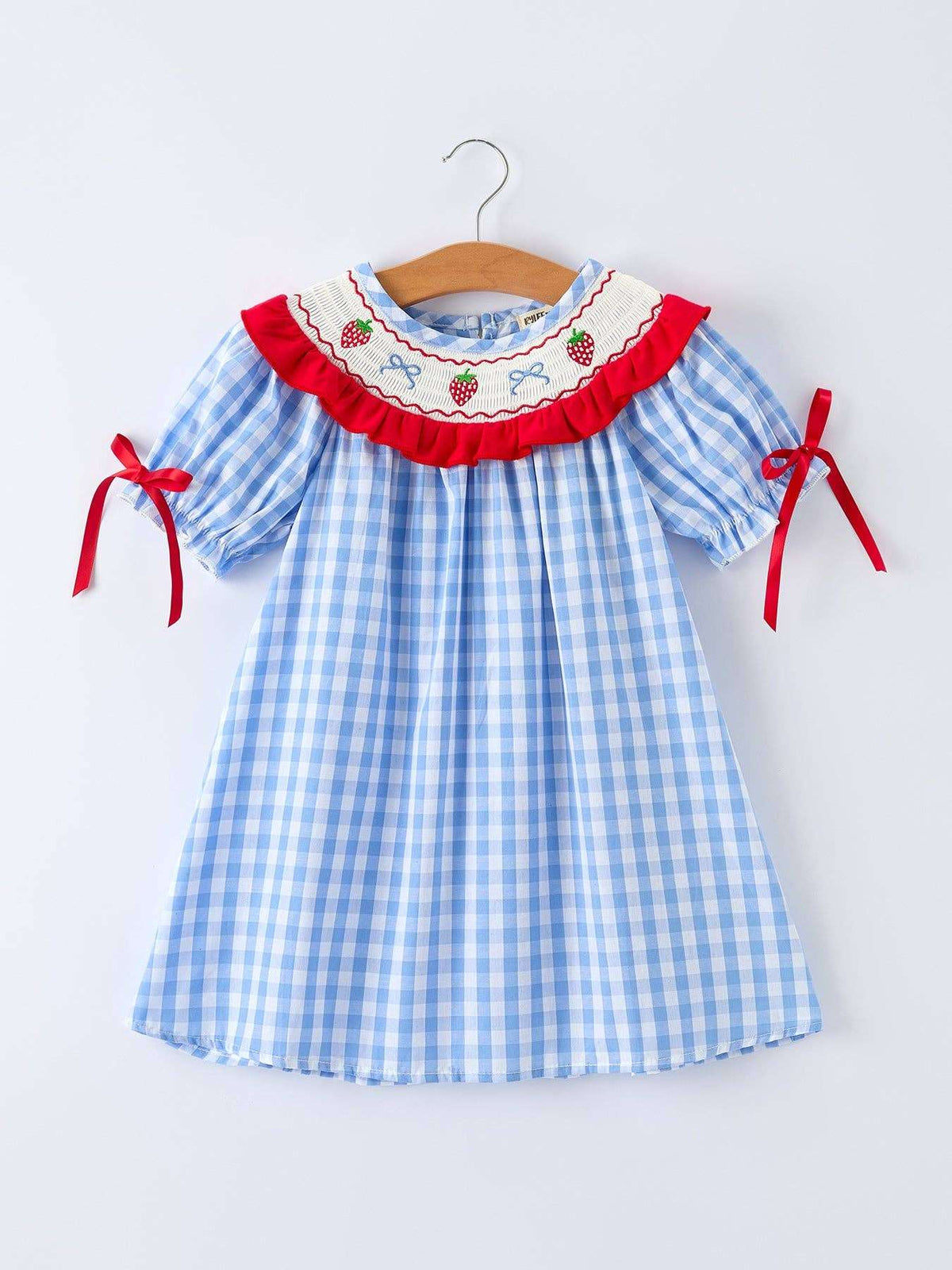 Rylee Faith Designs - Girls Summer Strawberry Bow Embroidered Smocked Dress
