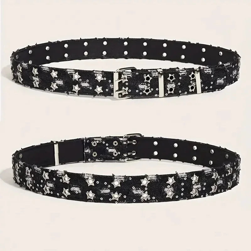1PC New Fashion Luxury Belt Black Punk Accessories Blue Denim Girdle HipHop Y2k Star Hollowed Pin Buckle Waistband，For Men Women
