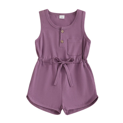 2024-12-04 Lioraitiin Litter Girls Summer Casual Jumpsuit Sleeveless Crewneck Solid Color Drawstring Tank Romper