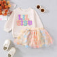 2024-07-27 Kids Girls Skirt Set Long Sleeve Embroidery Letters Sweatshirt with Flower Tulle Skirt 2-piece Outfit