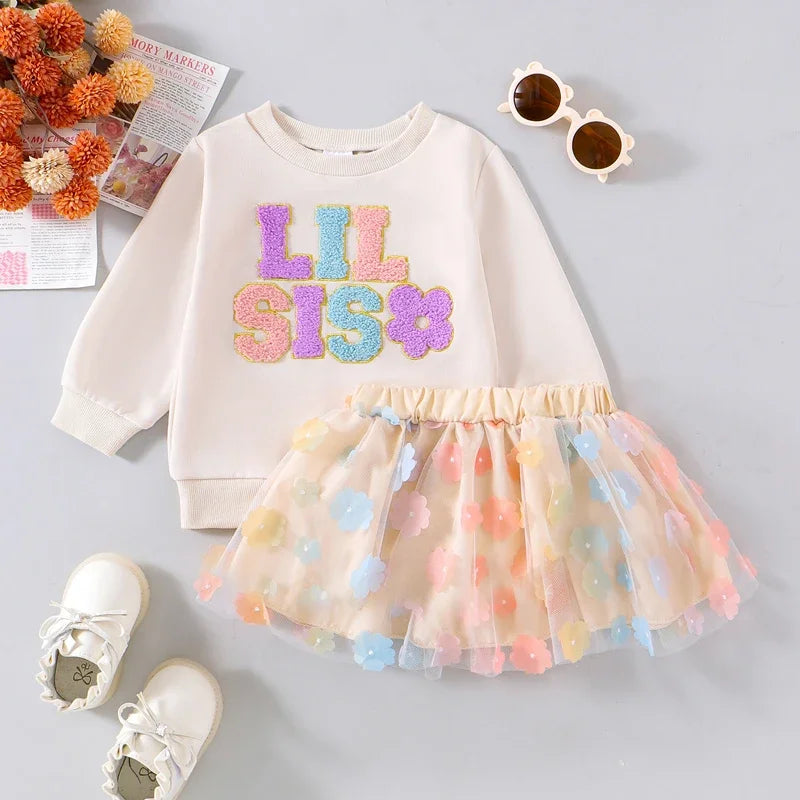 2024-07-27 Kids Girls Skirt Set Long Sleeve Embroidery Letters Sweatshirt with Flower Tulle Skirt 2-piece Outfit